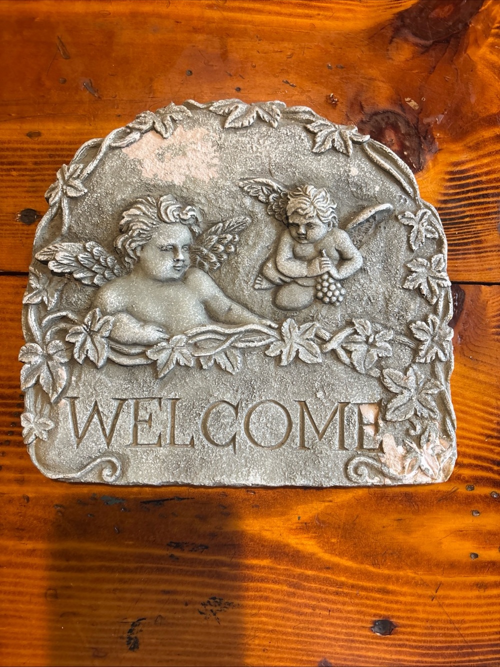 Welcome Cherub Garden Plaque - Neutral Stone Finish